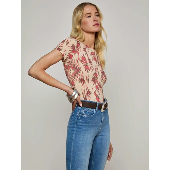 NWT L'Agence Ressi Fitted Crew Neck Short Sleeve Tee in Tan Multi Ganado Print S - Picture 3 of 14